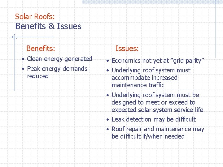 Solar Roofs: Benefits & Issues Benefits: Issues: · Clean energy generated · Economics not Solar Roofs: Benefits & Issues Benefits: Issues: · Clean energy generated · Economics not