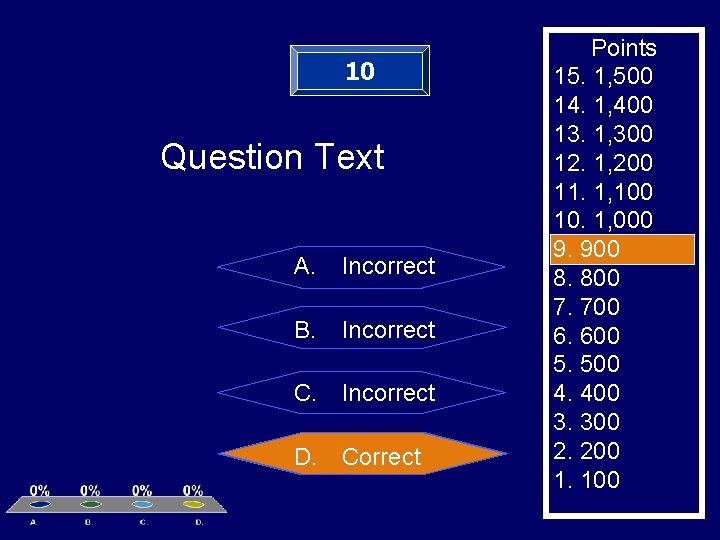 10 Question Text A. Incorrect B. Incorrect C. Incorrect D. Correct Points 15. 1,