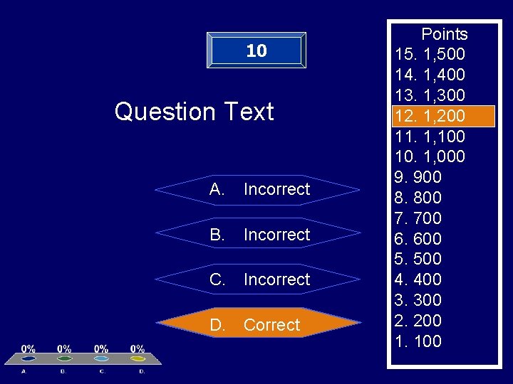 10 Question Text A. Incorrect B. Incorrect C. Incorrect D. Correct Points 15. 1,