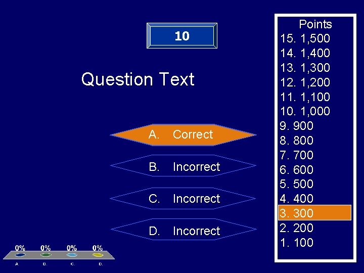 10 Question Text A. Correct B. Incorrect C. Incorrect D. Incorrect Points 15. 1,