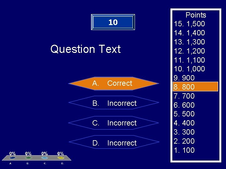 10 Question Text A. Correct B. Incorrect C. Incorrect D. Incorrect Points 15. 1,