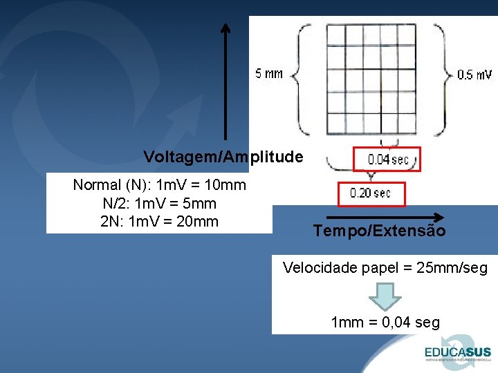 Voltagem/Amplitude Normal (N): 1 m. V = 10 mm N/2: 1 m. V =