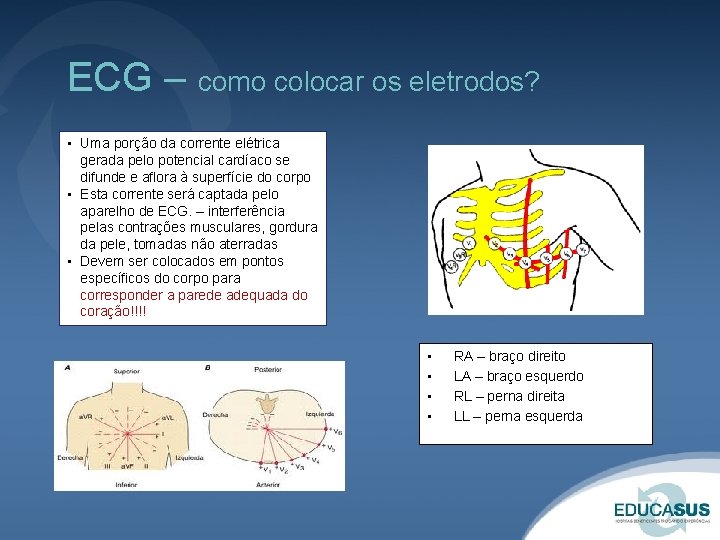 ECG – como colocar os eletrodos? • Uma porção da corrente elétrica gerada pelo