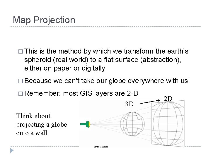 Map Projection � This is the method by which we transform the earth’s spheroid Map Projection � This is the method by which we transform the earth’s spheroid