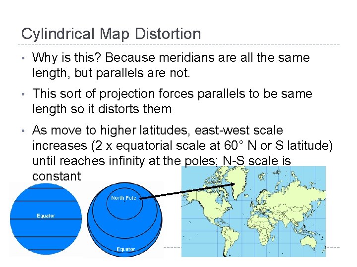 Cylindrical Map Distortion • Why is this? Because meridians are all the same length, Cylindrical Map Distortion • Why is this? Because meridians are all the same length,