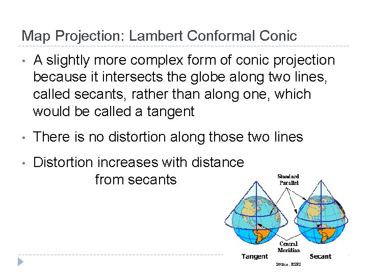 Map Projection: Lambert Conformal Conic • A slightly more complex form of conic projection Map Projection: Lambert Conformal Conic • A slightly more complex form of conic projection