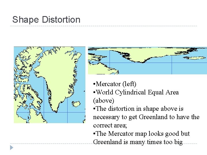 Shape Distortion • Mercator (left) • World Cylindrical Equal Area (above) • The distortion Shape Distortion • Mercator (left) • World Cylindrical Equal Area (above) • The distortion