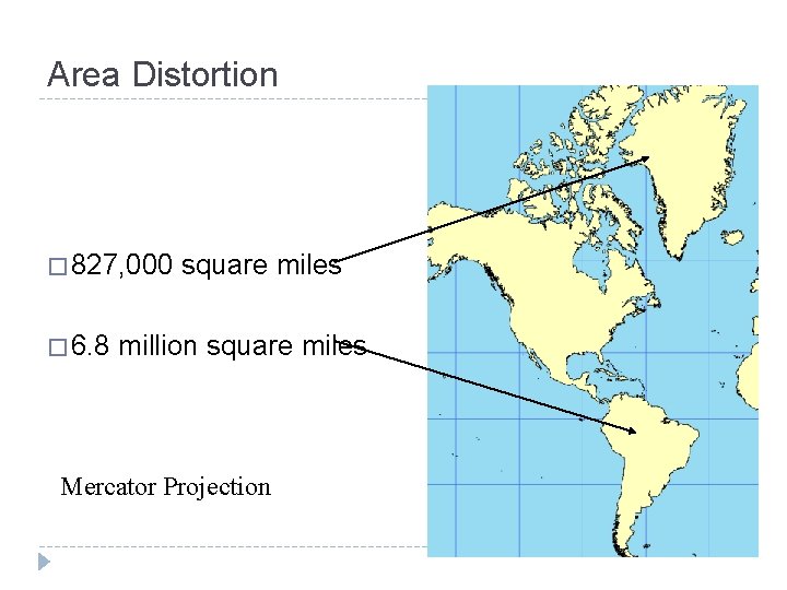 Area Distortion � 827, 000 � 6. 8 square miles million square miles Mercator Area Distortion � 827, 000 � 6. 8 square miles million square miles Mercator