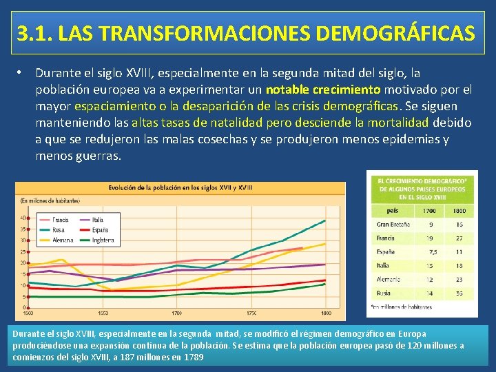 3. 1. LAS TRANSFORMACIONES DEMOGRÁFICAS • Durante el siglo XVIII, especialmente en la segunda