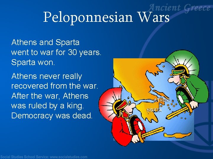 Peloponnesian Wars Athens and Sparta went to war for 30 years. Sparta won. Athens