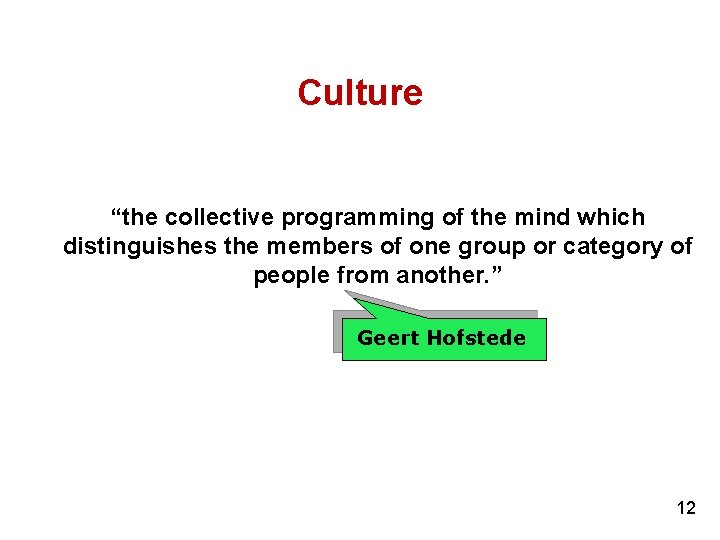 Culture “the collective programming of the mind which distinguishes the members of one group