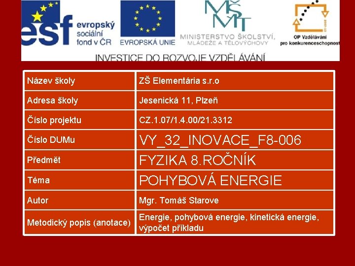 Název školy ZŠ Elementária s. r. o Adresa školy Jesenická 11, Plzeň Číslo projektu
