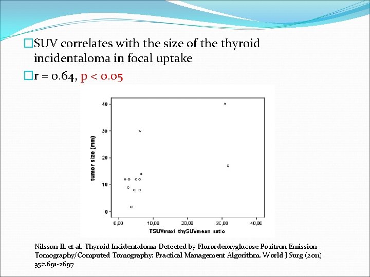 �SUV correlates with the size of the thyroid incidentaloma in focal uptake �r =