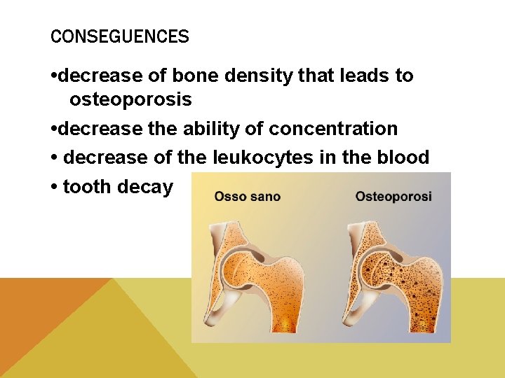 CONSEGUENCES • decrease of bone density that leads to osteoporosis • decrease the ability