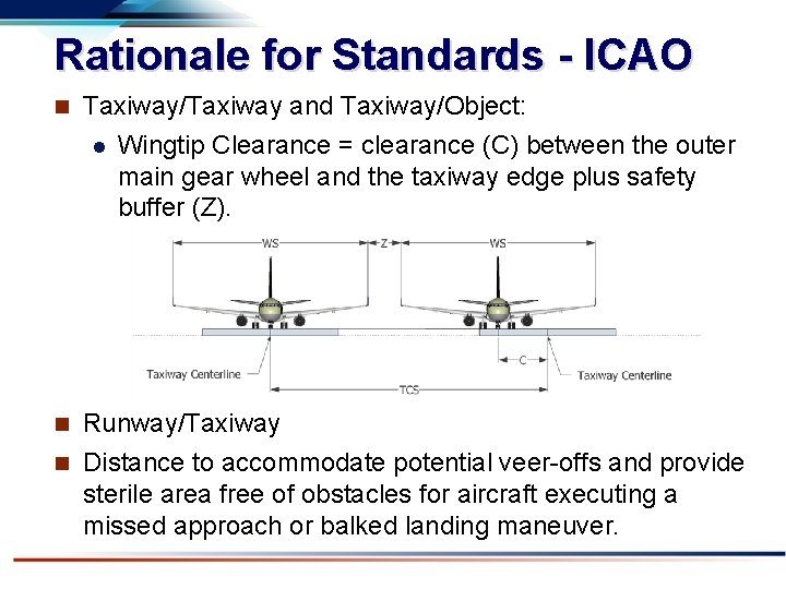 Rationale for Standards - ICAO n Taxiway/Taxiway and Taxiway/Object: l Wingtip Clearance = clearance