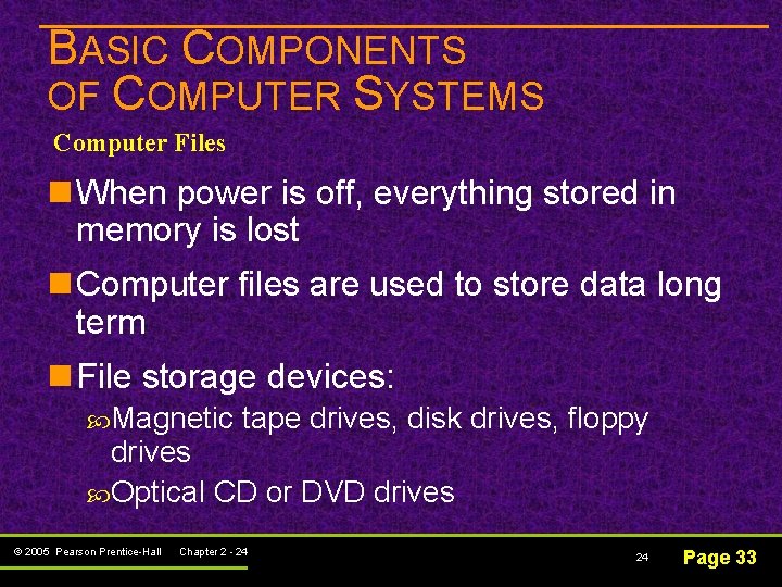 BASIC COMPONENTS OF COMPUTER SYSTEMS Computer Files n When power is off, everything stored BASIC COMPONENTS OF COMPUTER SYSTEMS Computer Files n When power is off, everything stored