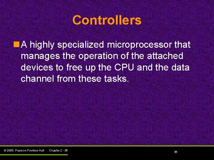 Controllers n A highly specialized microprocessor that manages the operation of the attached devices Controllers n A highly specialized microprocessor that manages the operation of the attached devices