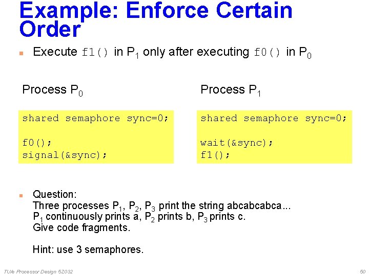 Example: Enforce Certain Order n Execute f 1() in P 1 only after executing Example: Enforce Certain Order n Execute f 1() in P 1 only after executing