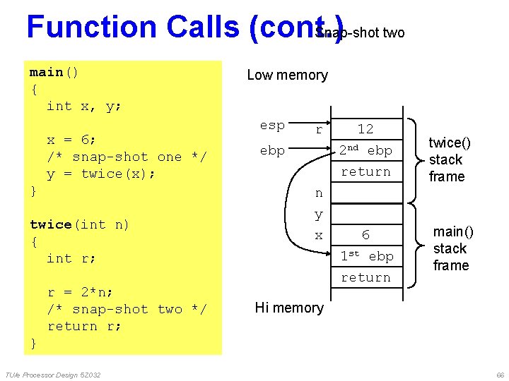 Snap-shot two Function Calls (cont. ) main() { int x, y; x = 6; Snap-shot two Function Calls (cont. ) main() { int x, y; x = 6;