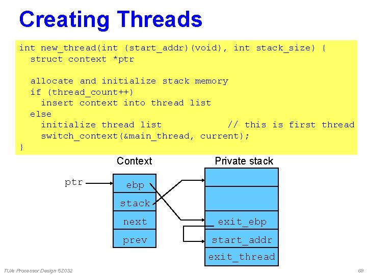 Creating Threads int new_thread(int (start_addr)(void), int stack_size) { struct context *ptr allocate and initialize Creating Threads int new_thread(int (start_addr)(void), int stack_size) { struct context *ptr allocate and initialize
