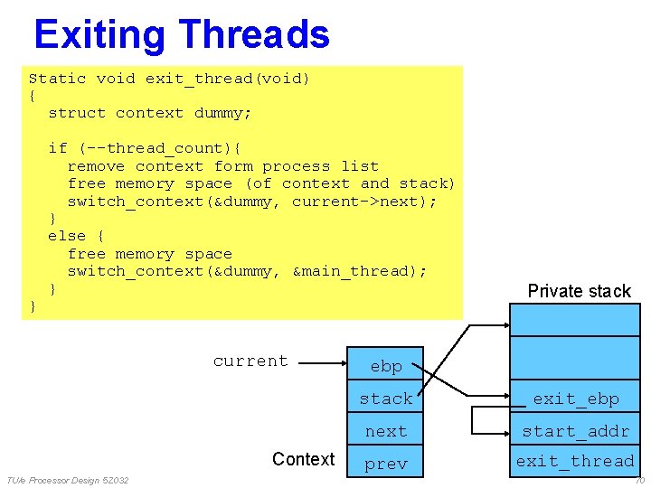 Exiting Threads Static void exit_thread(void) { struct context dummy; } if (--thread_count){ remove context Exiting Threads Static void exit_thread(void) { struct context dummy; } if (--thread_count){ remove context