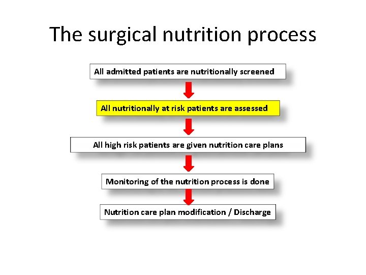 The surgical nutrition process All admitted patients are nutritionally screened All nutritionally at risk The surgical nutrition process All admitted patients are nutritionally screened All nutritionally at risk