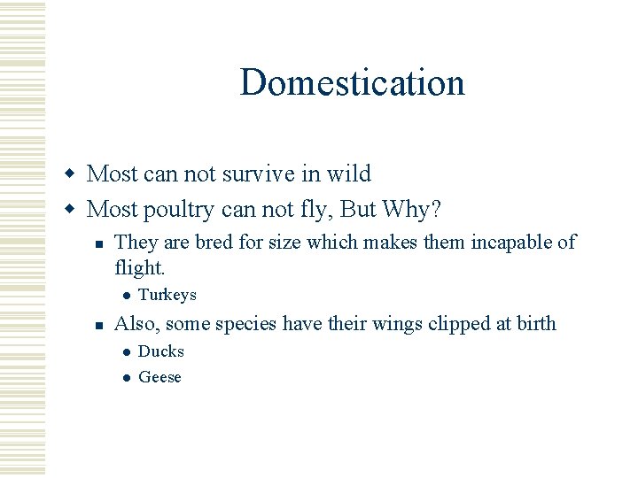 Domestication w Most can not survive in wild w Most poultry can not fly,