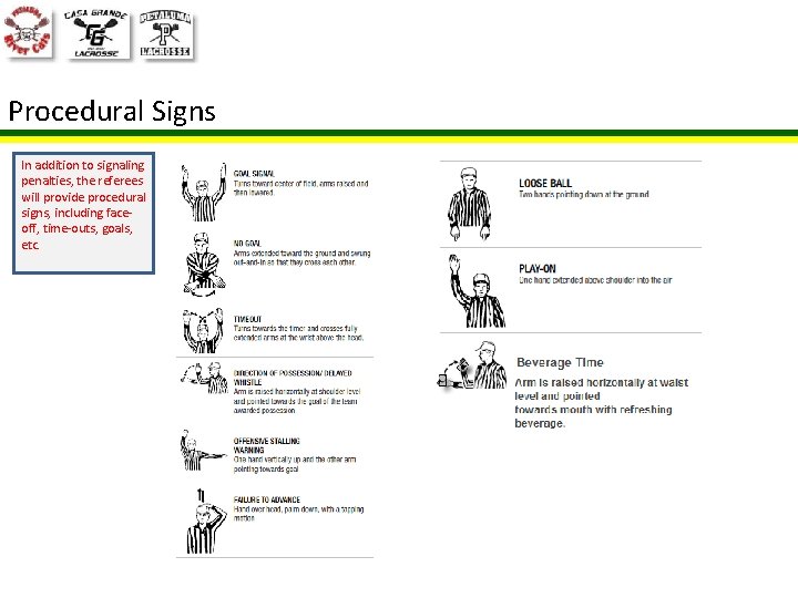 Procedural Signs In addition to signaling penalties, the referees will provide procedural signs, including