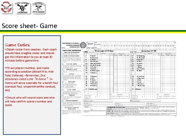 Score sheet- Game Duties: • Obtain roster from coaches. Each coach should have a
