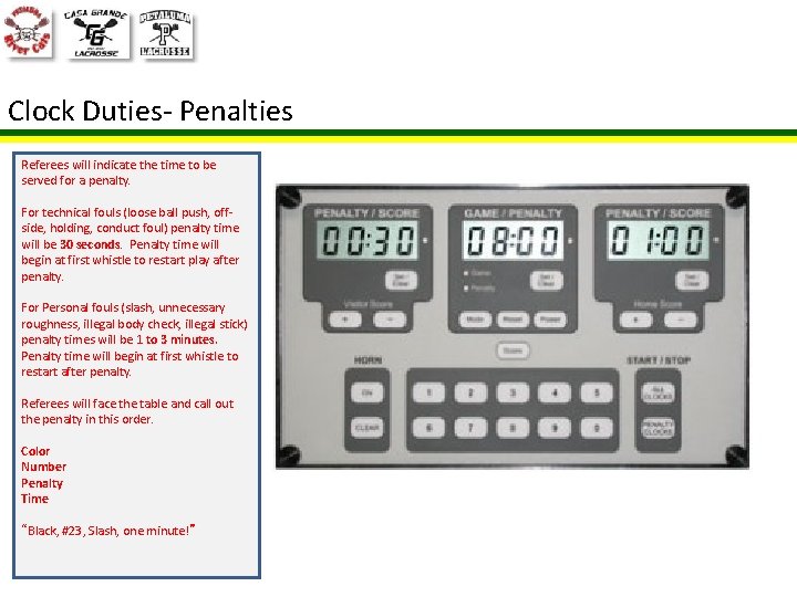 Clock Duties- Penalties Referees will indicate the time to be served for a penalty.