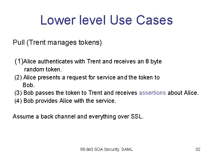 Lower level Use Cases Pull (Trent manages tokens) (1)Alice authenticates with Trent and receives Lower level Use Cases Pull (Trent manages tokens) (1)Alice authenticates with Trent and receives
