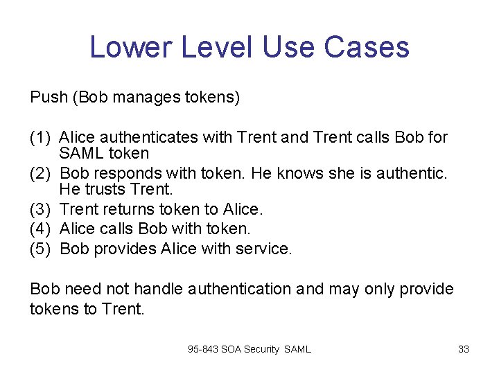 Lower Level Use Cases Push (Bob manages tokens) (1) Alice authenticates with Trent and Lower Level Use Cases Push (Bob manages tokens) (1) Alice authenticates with Trent and
