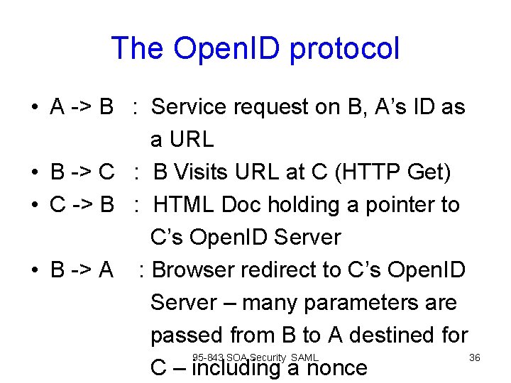 The Open. ID protocol • A -> B : Service request on B, A’s The Open. ID protocol • A -> B : Service request on B, A’s