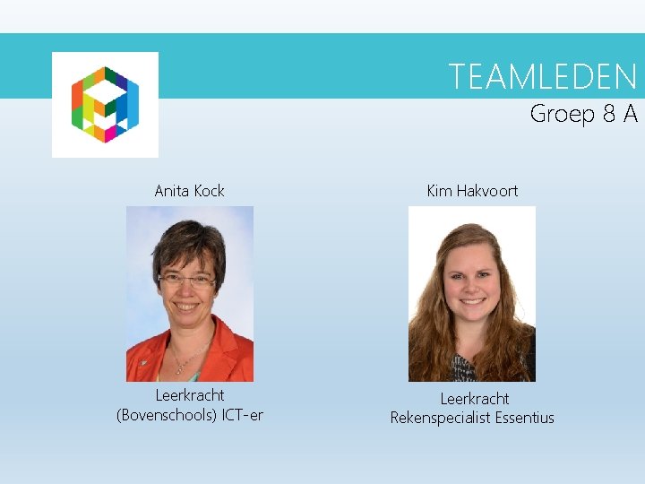 TEAMLEDEN Groep 8 A Anita Kock Kim Hakvoort Leerkracht (Bovenschools) ICT-er Leerkracht Rekenspecialist Essentius TEAMLEDEN Groep 8 A Anita Kock Kim Hakvoort Leerkracht (Bovenschools) ICT-er Leerkracht Rekenspecialist Essentius