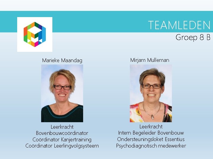 TEAMLEDEN Groep 8 B Marieke Maandag Mirjam Mulleman Leerkracht Bovenbouwcoördinator Coördinator Kanjertraining Coördinator Leerlingvolgsysteem TEAMLEDEN Groep 8 B Marieke Maandag Mirjam Mulleman Leerkracht Bovenbouwcoördinator Coördinator Kanjertraining Coördinator Leerlingvolgsysteem
