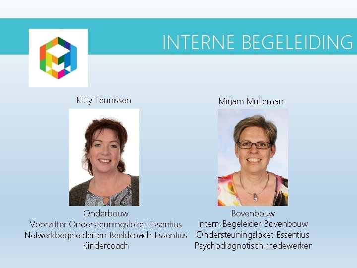 INTERNE BEGELEIDING Kitty Teunissen Mirjam Mulleman Bovenbouw Onderbouw Intern Begeleider Bovenbouw Voorzitter Ondersteuningsloket Essentius INTERNE BEGELEIDING Kitty Teunissen Mirjam Mulleman Bovenbouw Onderbouw Intern Begeleider Bovenbouw Voorzitter Ondersteuningsloket Essentius
