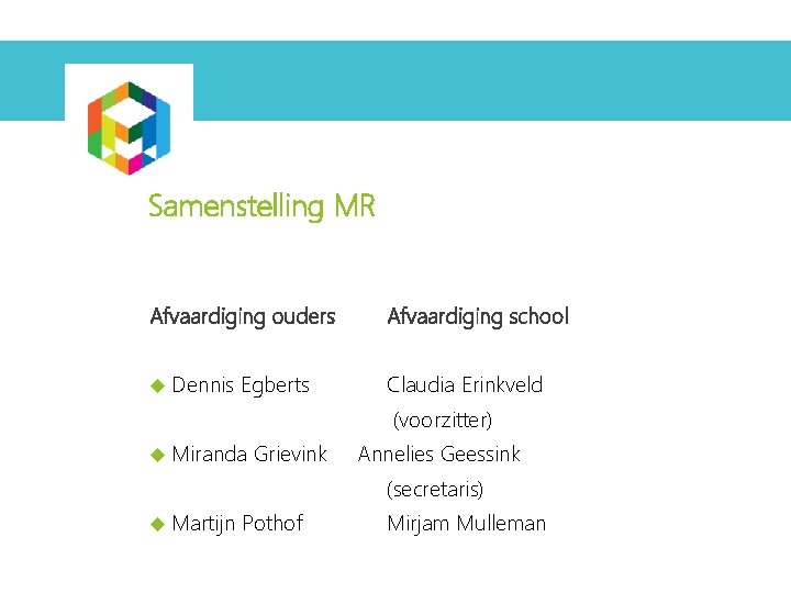 Samenstelling MR Afvaardiging ouders Afvaardiging school Dennis Claudia Erinkveld Egberts (voorzitter) Miranda Grievink Annelies Samenstelling MR Afvaardiging ouders Afvaardiging school Dennis Claudia Erinkveld Egberts (voorzitter) Miranda Grievink Annelies