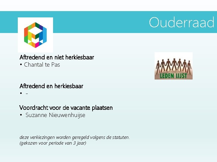 Ouderraad Aftredend en niet herkiesbaar • Chantal te Pas Aftredend en herkiesbaar • Voordracht Ouderraad Aftredend en niet herkiesbaar • Chantal te Pas Aftredend en herkiesbaar • Voordracht