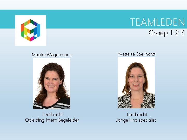 TEAMLEDEN Groep 1 -2 B Maaike Wagenmans Yvette te Boekhorst Leerkracht Opleiding Intern Begeleider TEAMLEDEN Groep 1 -2 B Maaike Wagenmans Yvette te Boekhorst Leerkracht Opleiding Intern Begeleider