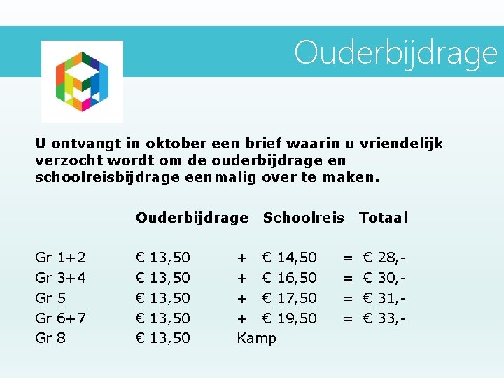 Ouderbijdrage U ontvangt in oktober een brief waarin u vriendelijk verzocht wordt om de Ouderbijdrage U ontvangt in oktober een brief waarin u vriendelijk verzocht wordt om de