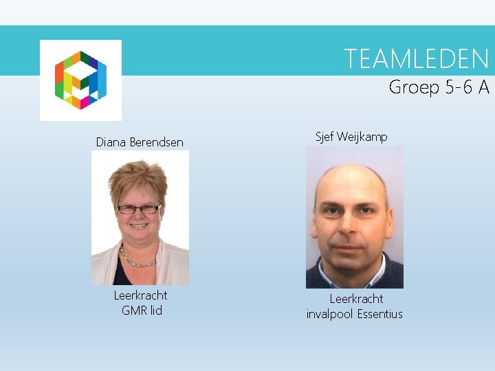 TEAMLEDEN Groep 5 -6 A Diana Berendsen Sjef Weijkamp Leerkracht GMR lid Leerkracht invalpool TEAMLEDEN Groep 5 -6 A Diana Berendsen Sjef Weijkamp Leerkracht GMR lid Leerkracht invalpool