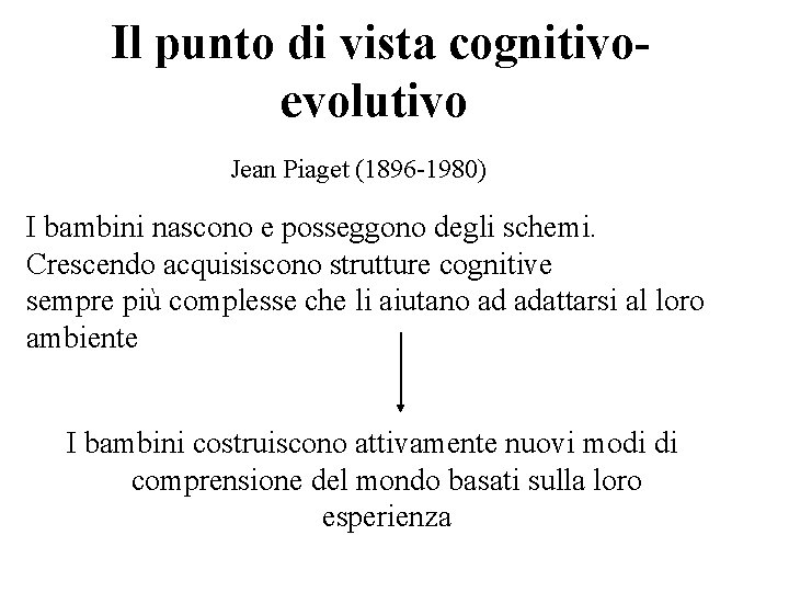 Il punto di vista cognitivoevolutivo Jean Piaget (1896 -1980) I bambini nascono e posseggono