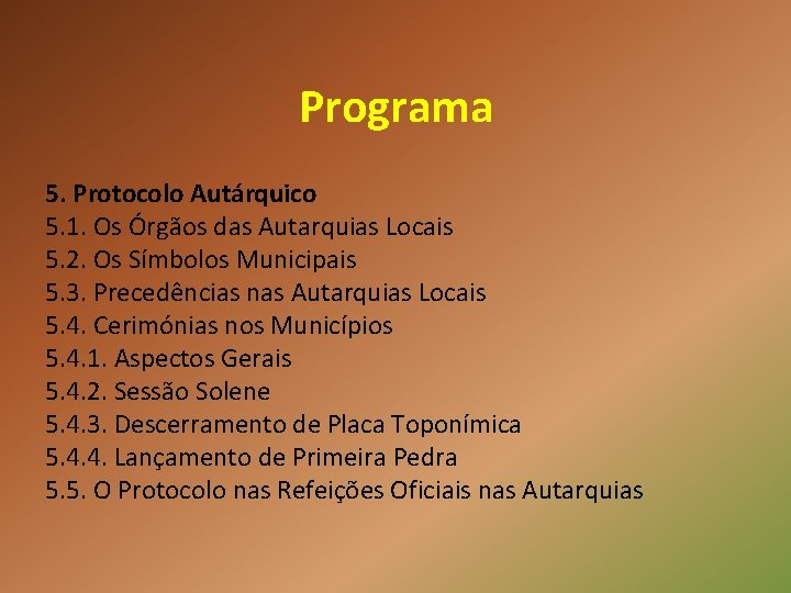 Programa 5. Protocolo Autárquico 5. 1. Os Órgãos das Autarquias Locais 5. 2. Os