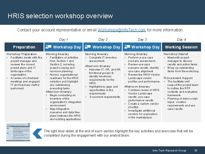 HRIS selection workshop overview Contact your account representative or email Workshops@Info. Tech. com for