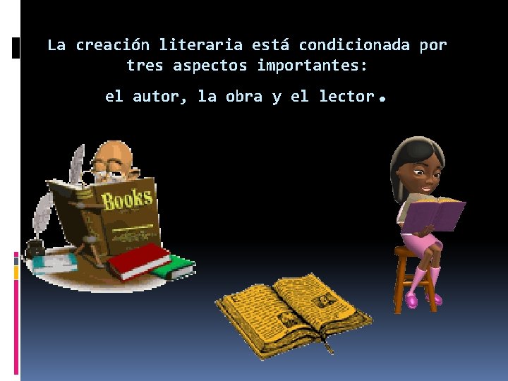 La creación literaria está condicionada por tres aspectos importantes: el autor, la obra y La creación literaria está condicionada por tres aspectos importantes: el autor, la obra y