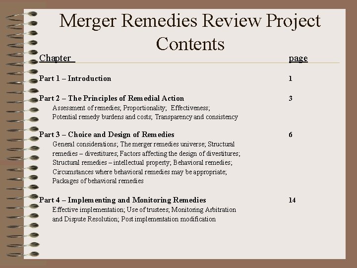 Merger Remedies Review Project Contents Chapter page Part 1 – Introduction 1 Part 2