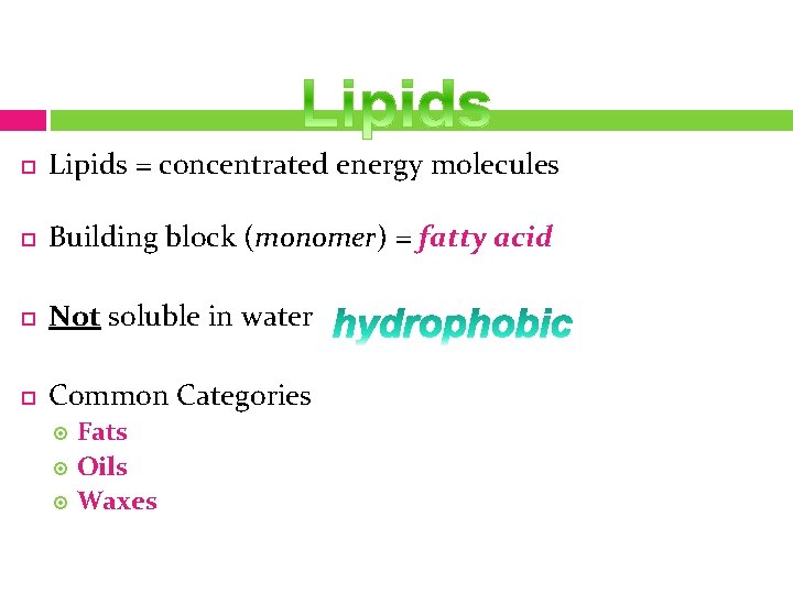  Lipids = concentrated energy molecules Building block (monomer) = fatty acid Not soluble
