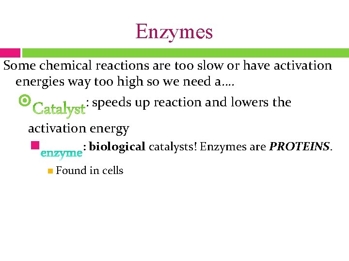 Enzymes Some chemical reactions are too slow or have activation energies way too high