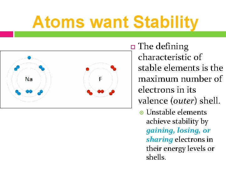 Atoms want Stability The defining characteristic of stable elements is the maximum number of