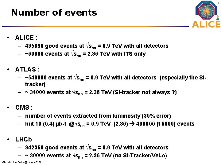 9 Number of events • ALICE : – 435890 good events at √snn =